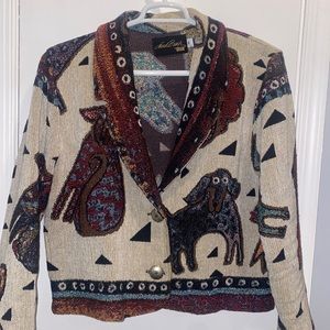 Laurel Burch Silverado Dog /Wolf Print Aztec Western Boho Tapestry Jacket Sz Med